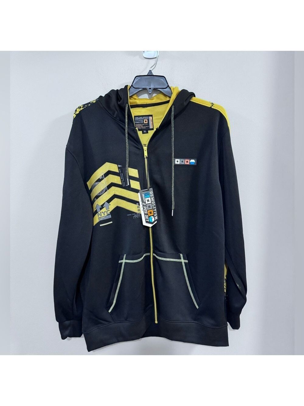 NWT Men's Demolition Tech Gear Black and Yellow Full Zip Graphic Hoodie. Size XL